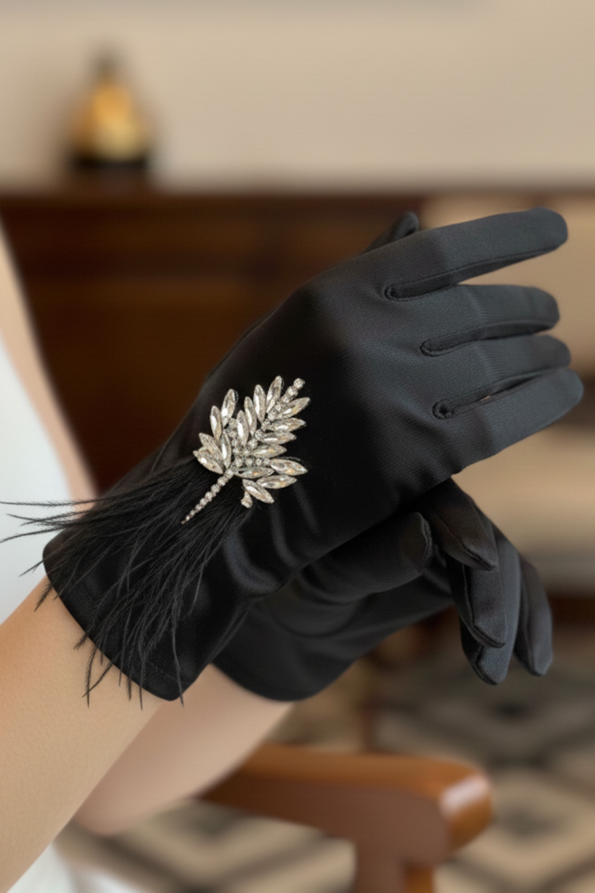 Satin Bridal Gloves - Leaf and Feather Detail Luxury Wedding Gloves with Crystal Gemstone