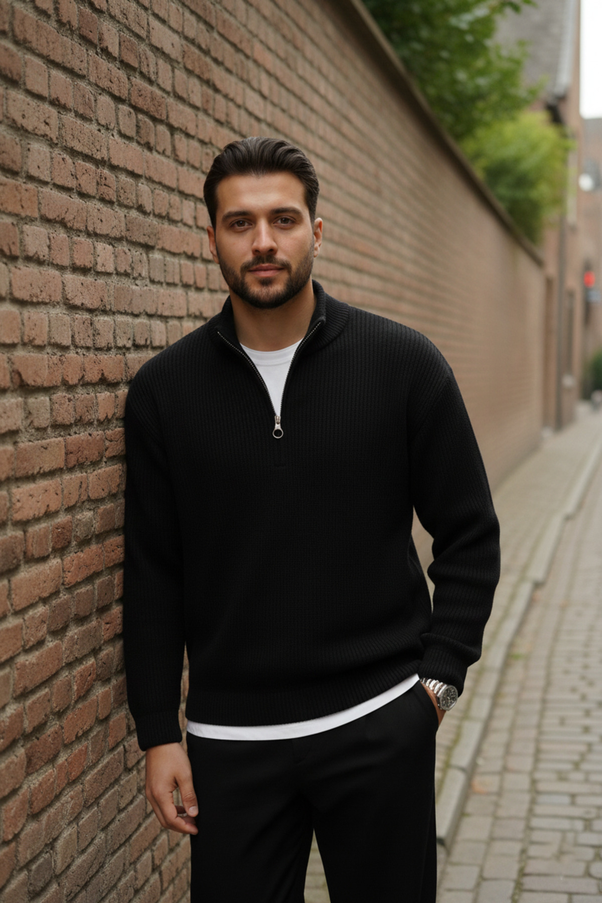 beuivo  Erkek Siyah-Füme 2'li Yarım Fermuarlı Dik Yaka Sweatshirt Selanik Örme Triko Kazak - Görsel 2