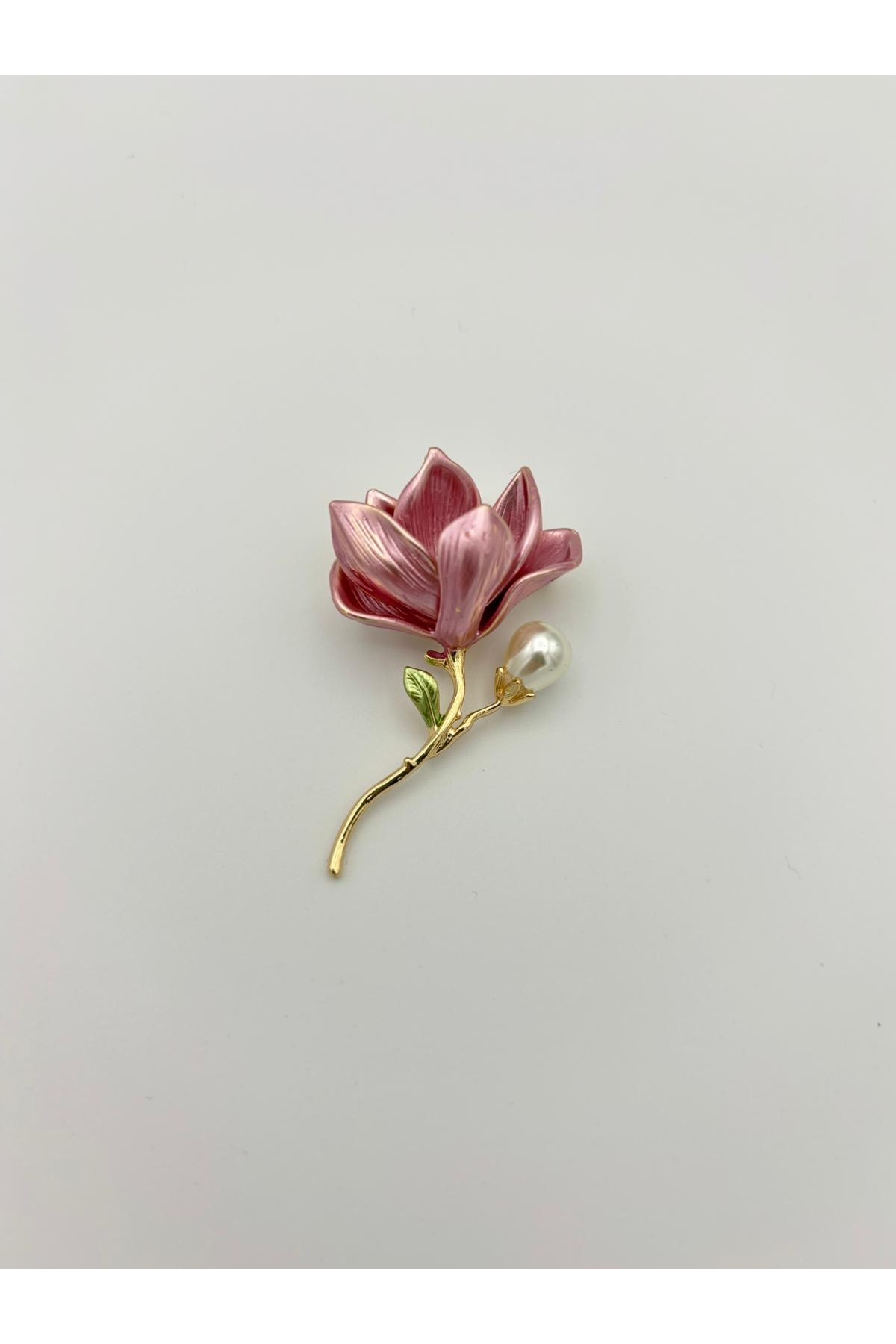 AGAPI  Pembe Çiçek Figürlü İnci Detaylı Zarif Broş | Gold Ton - Görsel 3