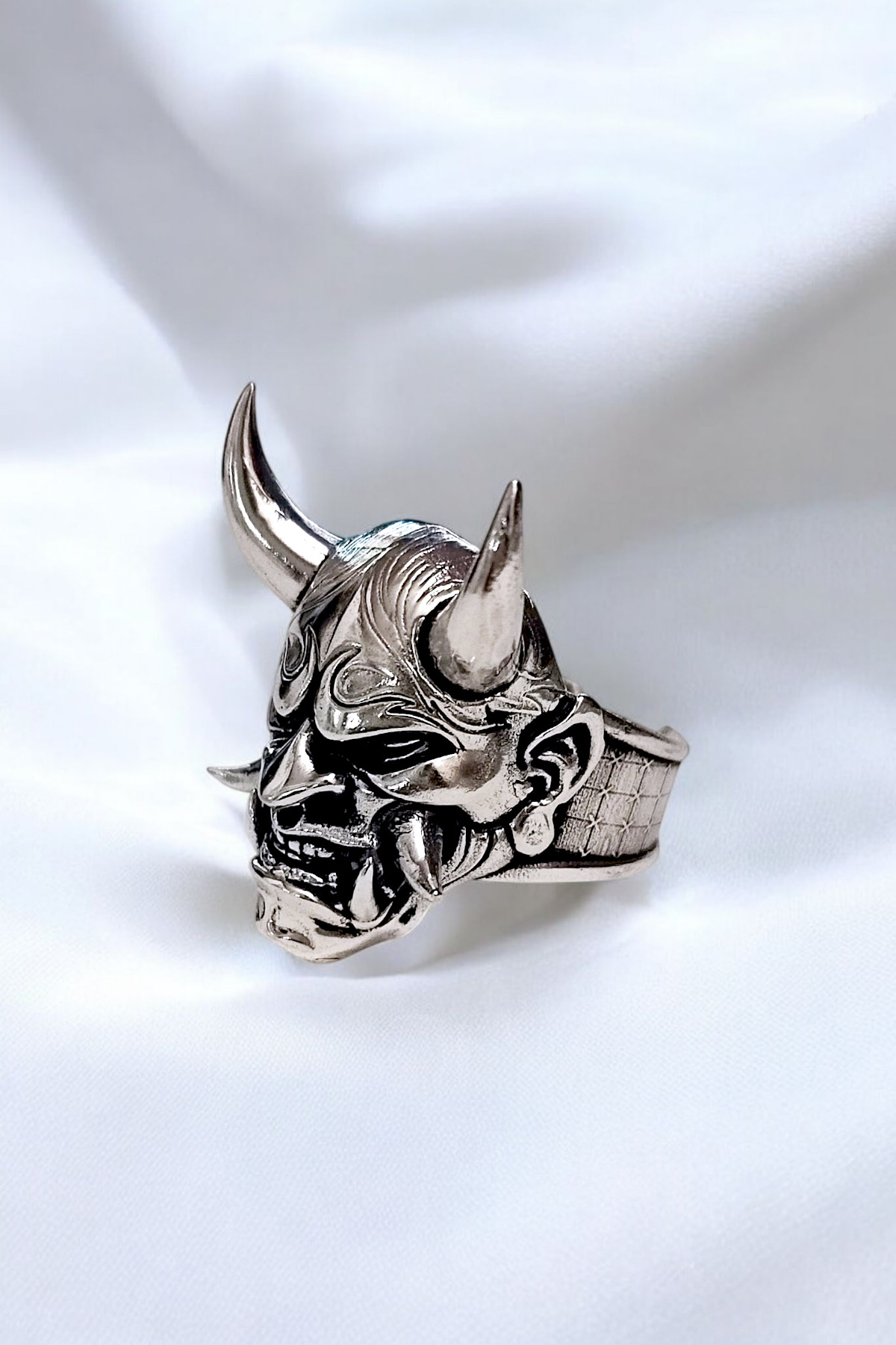 Men's Silver Plated Stainless Chromix Steel Ring - Japanese Oni Mask Gothic Demon Biker Design
