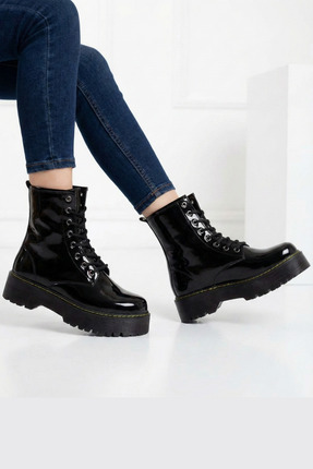 Modafadır Kadın Rugan Martines Bağcıklı Fermuarlı Kalın Taban Postal Bot