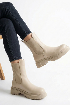 Modafadır Kadın Bej Chelsea Yandan Lastikli Kalın Taban Günlük Bot
