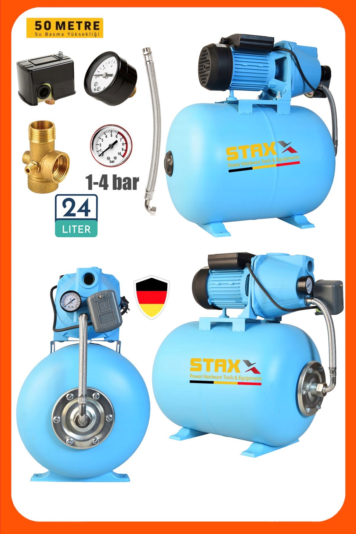 STAXX POWER Yüksek Basınçlı 1.5 HP Jet Su Pompası 24 Litre Yatay