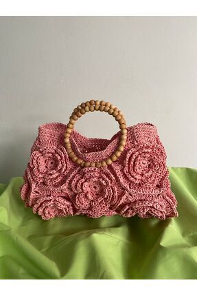 Sibel pembe el örgüsü kağıt ip gül motif çanta