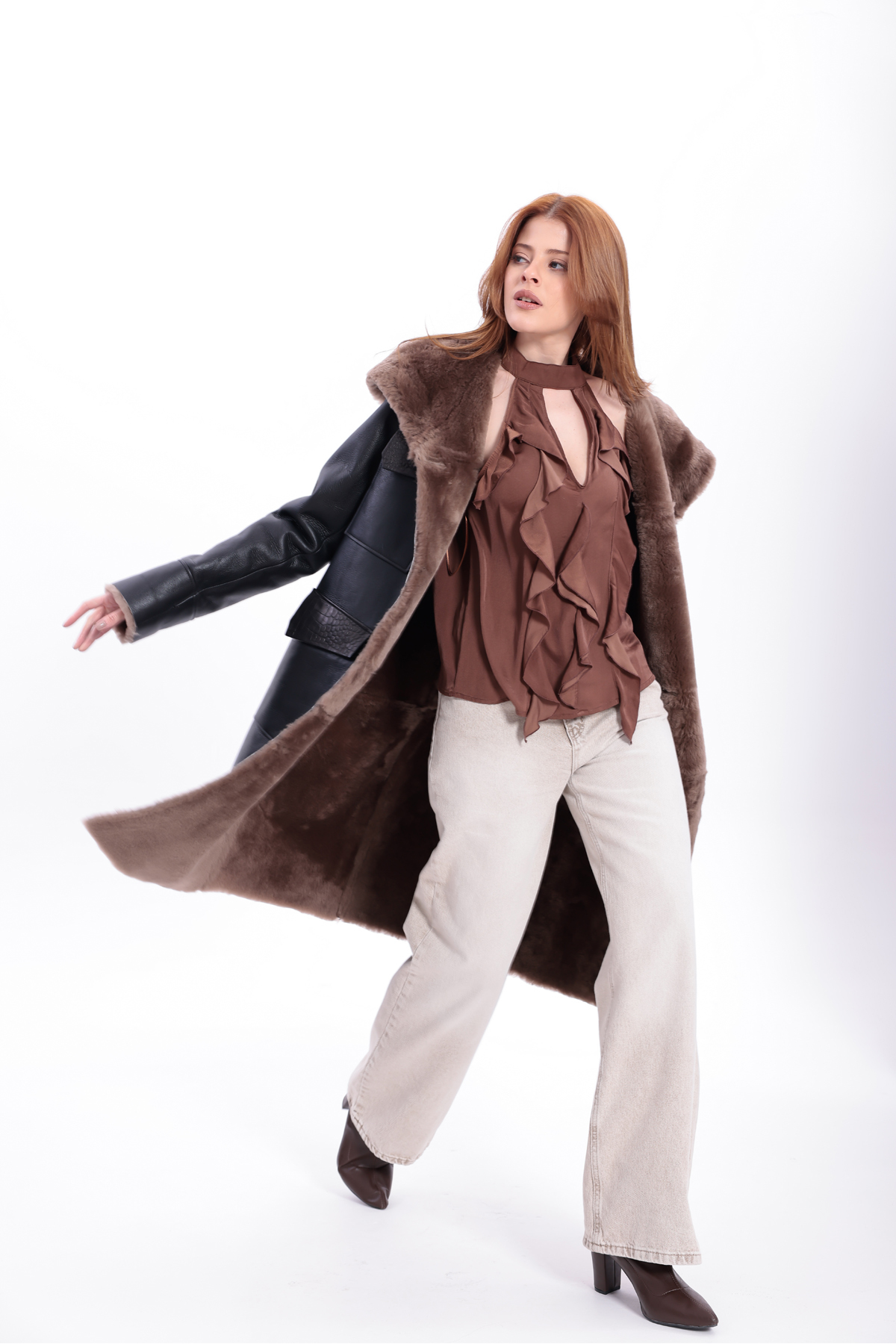 By Marki Marki  Kadın Hakiki Deri Palto, Kapüşonlu, içi Hakiki Kürklü, Siyah Uzun Kaban, Premium Kadın Palto - Görsel 6