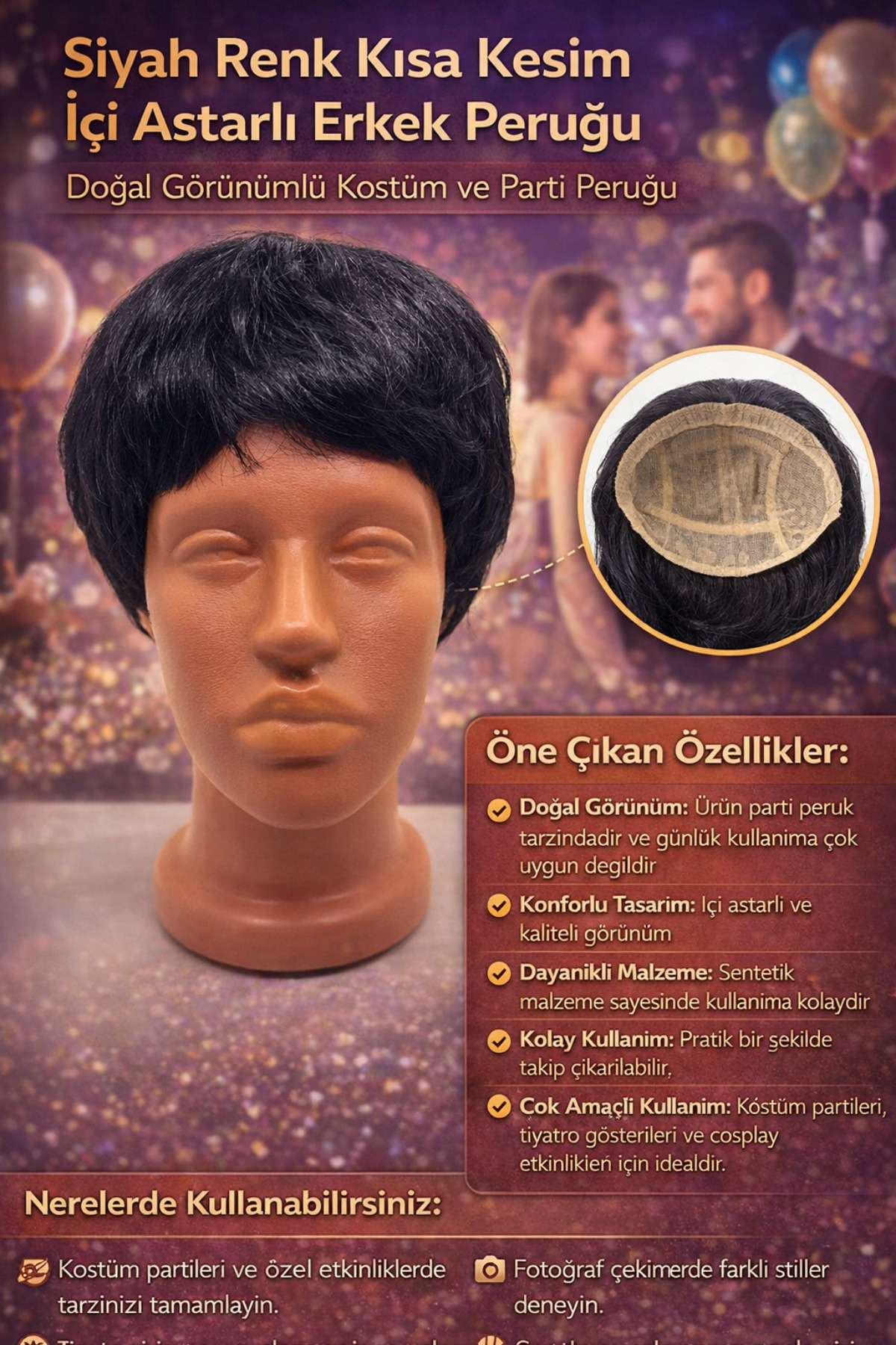 Tamsena Store Siyah Renk Kısa Kesim İçi Astarlı Erkek Peruğu – Doğal Görünümlü Kostüm ve Parti Peruğu