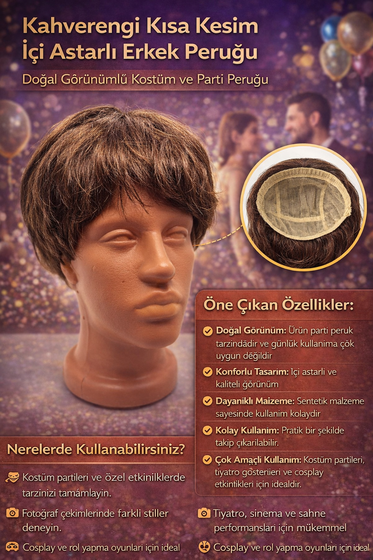 Tamsena Store Kahverengi Kısa Kesim İçi Astarlı Erkek Peruğu – Doğal Görünümlü Kostüm ve Parti Peruğu