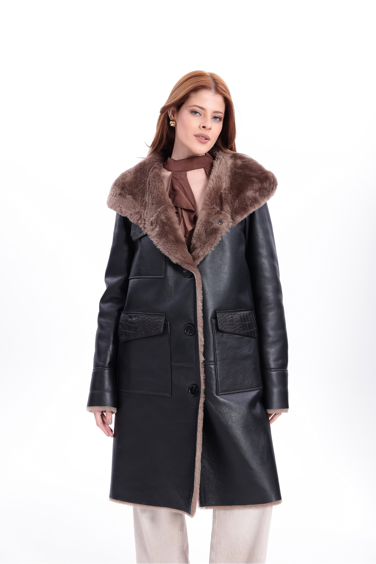 By Marki Marki  Kadın Hakiki Deri Palto, Kapüşonlu, içi Hakiki Kürklü, Siyah Uzun Kaban, Premium Kadın Palto