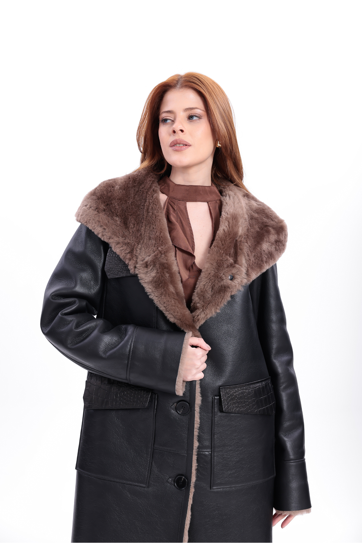 By Marki Marki  Kadın Hakiki Deri Palto, Kapüşonlu, içi Hakiki Kürklü, Siyah Uzun Kaban, Premium Kadın Palto - Görsel 8