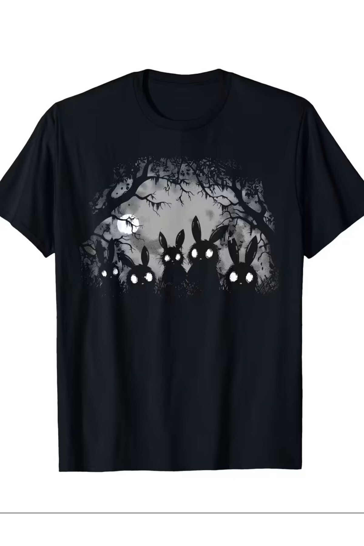 Dark Aesthetic Black White Shining Eyed Rabbit Print Creepy Night Forest Pattern T-Shirt