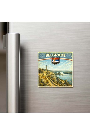 iBerk Buzdolap Magneti - Retro Sırbistan Belgrad Şehri Temalı Vintage - 9x9 cm
