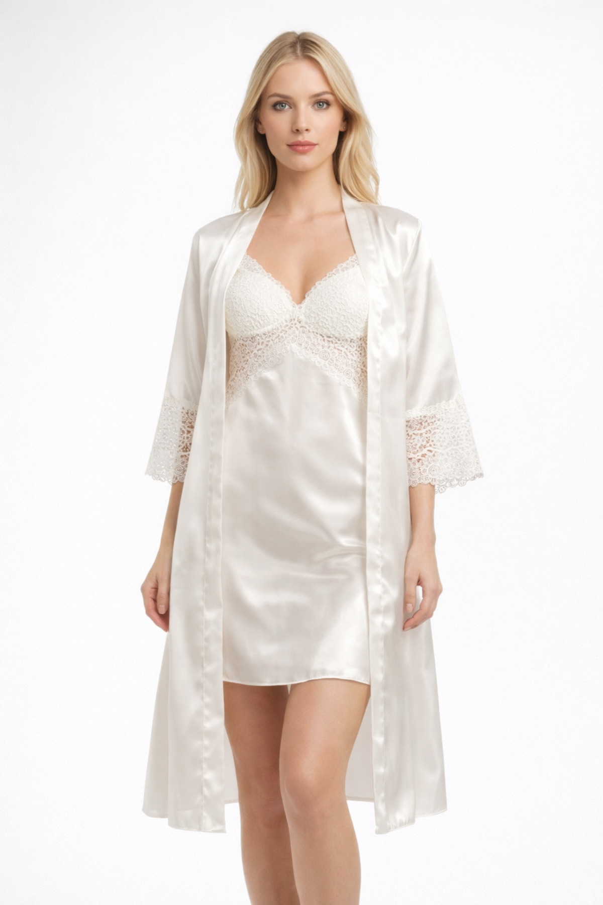 cherry queen Premium Saten Ekru 5’li Çeyiz Seti | Özel Kutulu Gecelik, Sabahlık, Şortlu ve Uzun Pijama Takımı