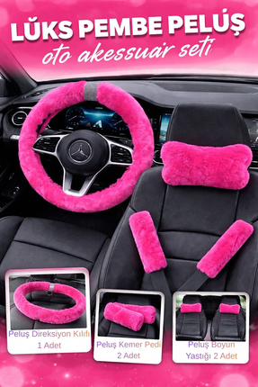 IŞILTI DESİGN 5 Parça Pembe Tavşan Tüylü Peluş Araba Aksesuar Seti Direksiyon...