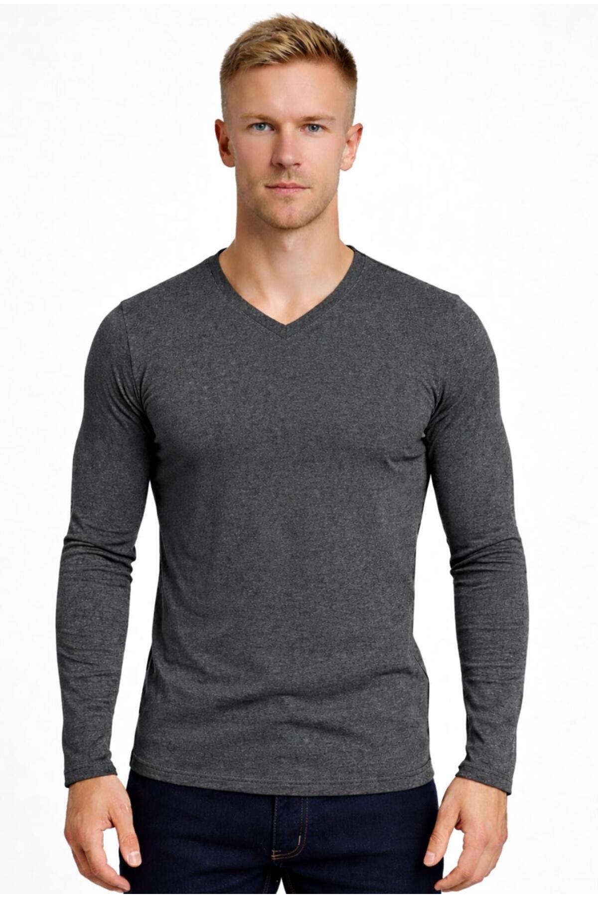 Men's Anthracite Melange Cotton Lycra Single Jersey Long Sleeve T-shirt-D236