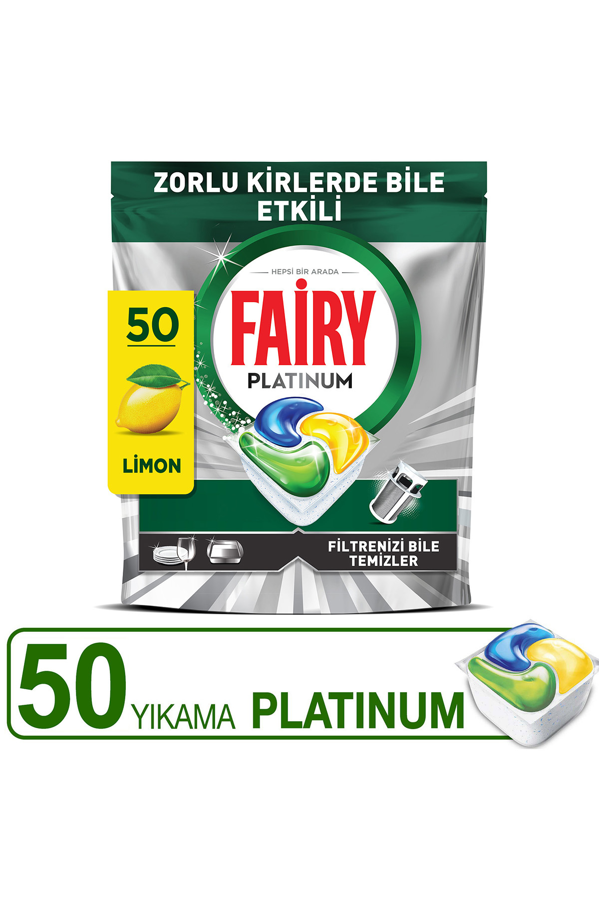 Fairy Platinum Hepsi Bir Arada Bulaşık Makinesi Tabletleri Limon, 50 Tablet