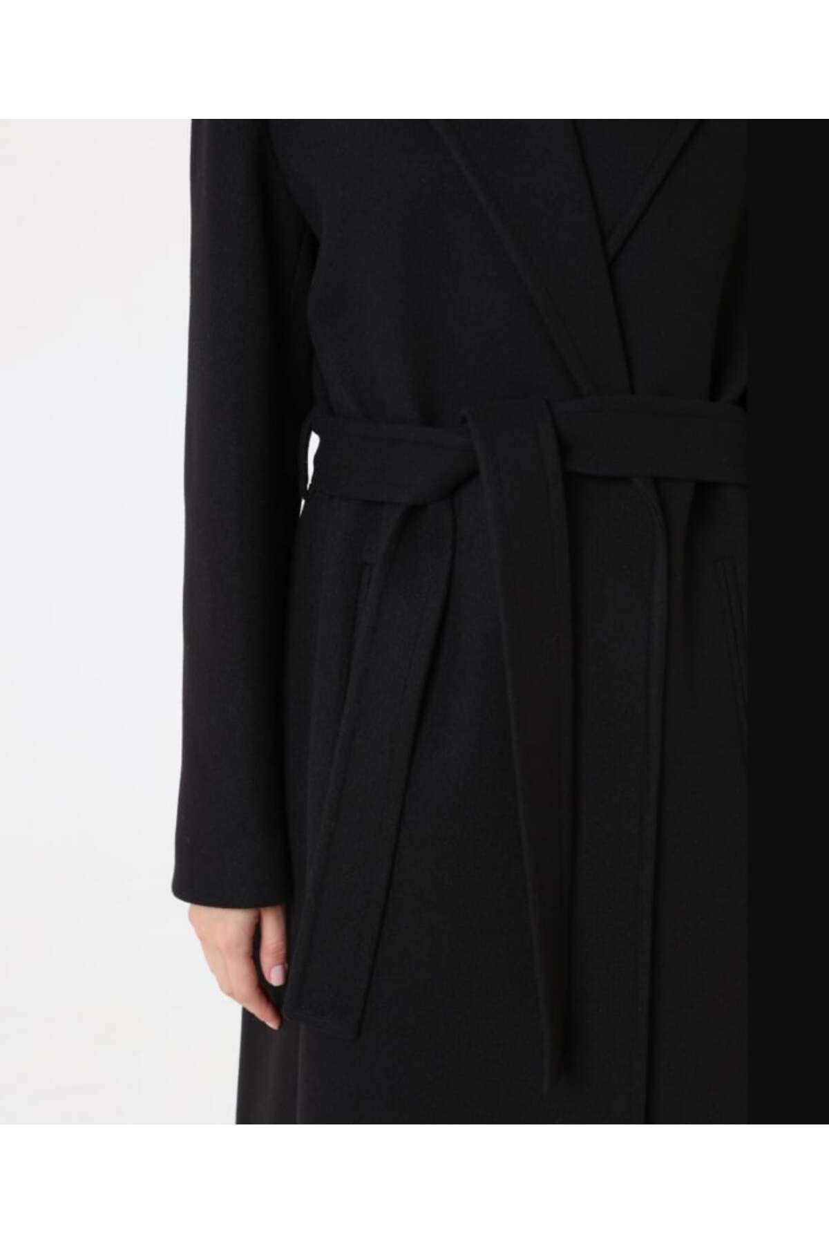 Refka  Kemer Detaylı Uzun Klasik Kaban - Siyah - - Görsel 6