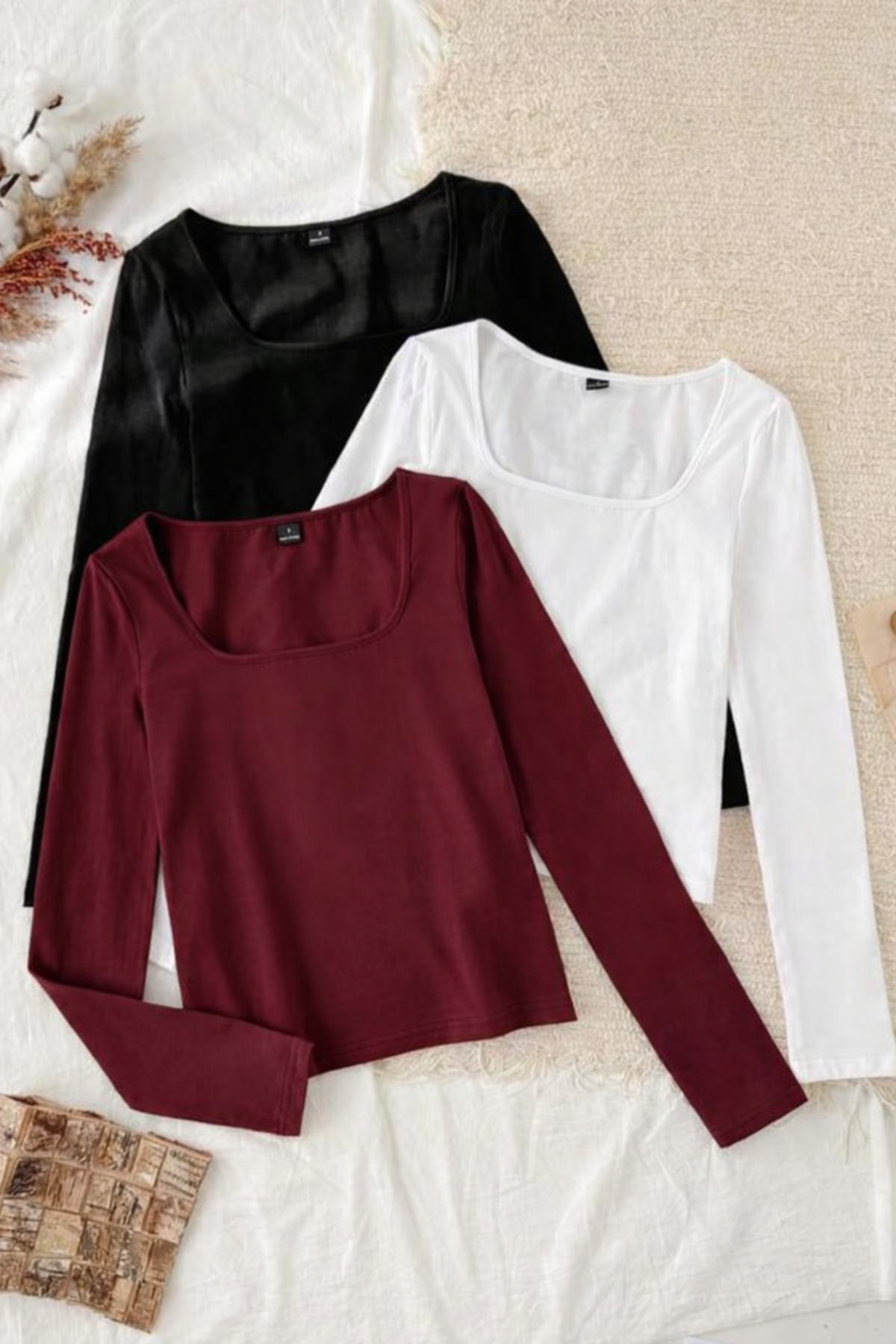 ÖZ PAMUK 3 ΤΕΜ. Μπλούζα με τετράγωνο γιακά Basic SOLID υφασμάτινη μακρυμάνικη...