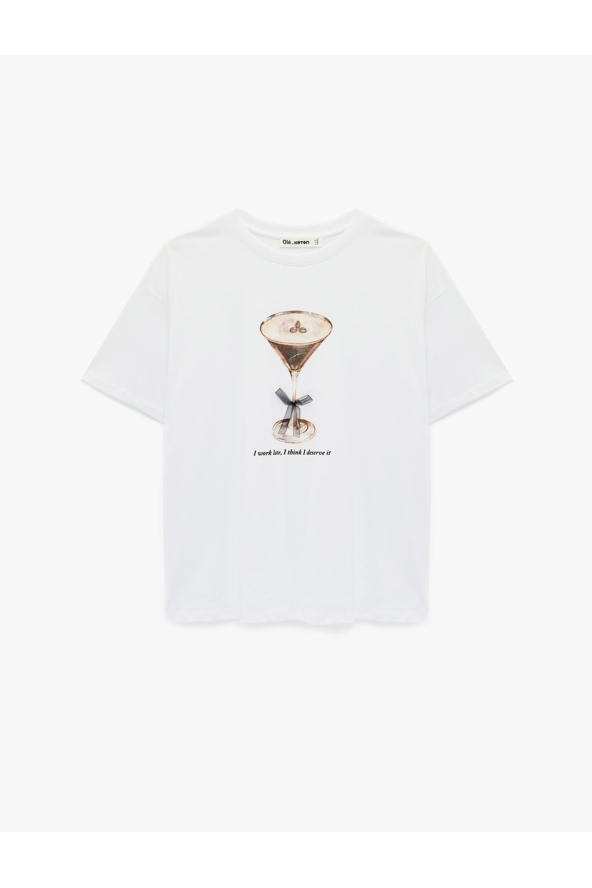 Koton Kısa Kollu Bisiklet Yaka Pamuklu Fiyonklu Baskılı Oversize Tişört