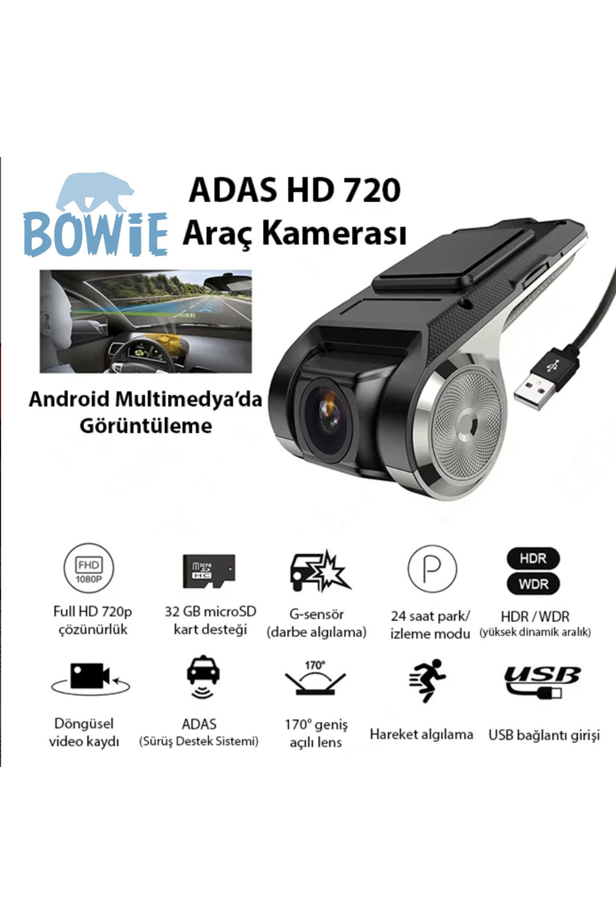 Bowie HD geniş açı gece görüş özellikli araç içi kamerası çarpışma önleme şerit terk Adas özellikli