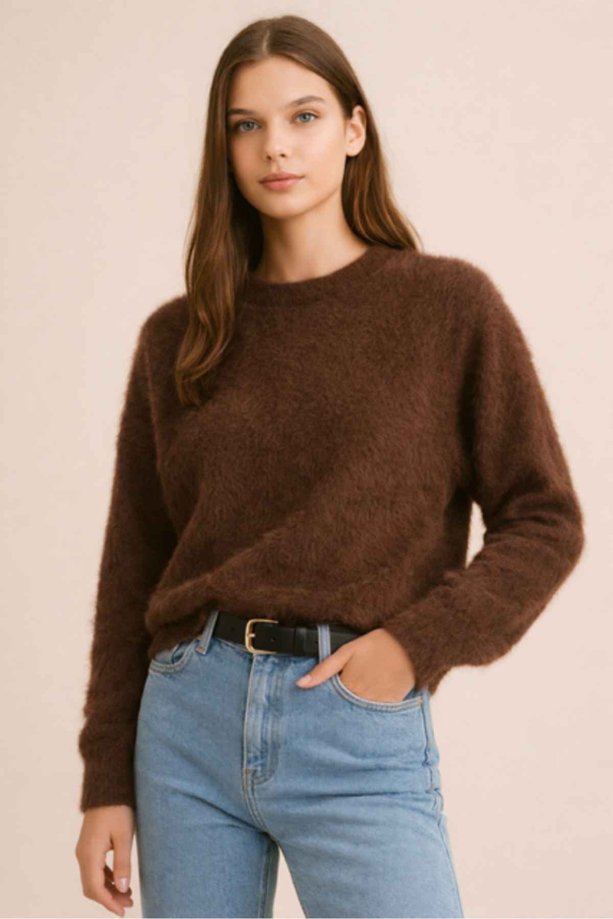 Kadın Vita-253 Saknur Yumuşak Dokulu Triko Kazak Kahverengi