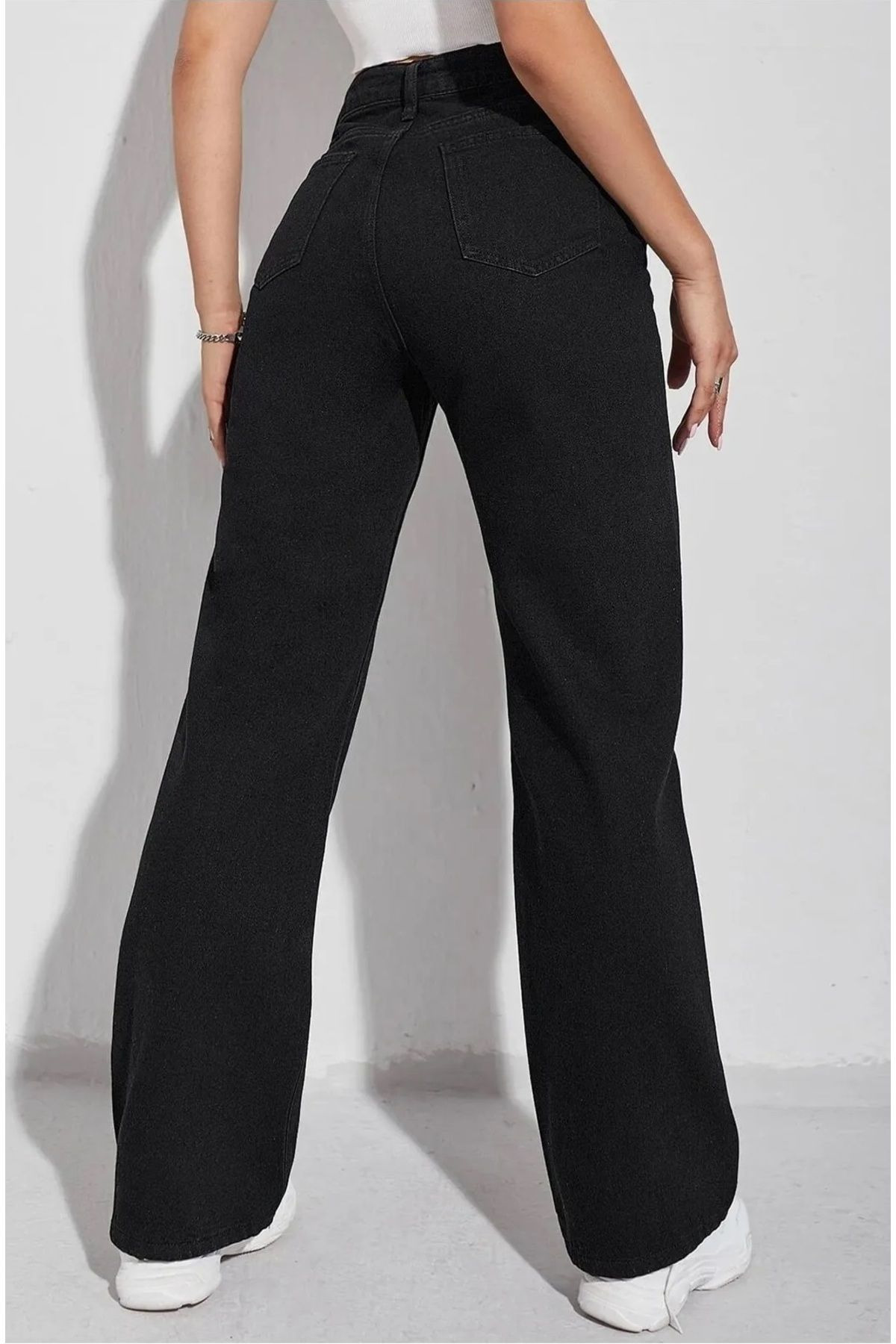 mooishan Evelin Siyah Yüksek Bel Palazzo,Wide Leg Jeans, Likralı Bol Paça Salaş JeansDK-4 görsel 4