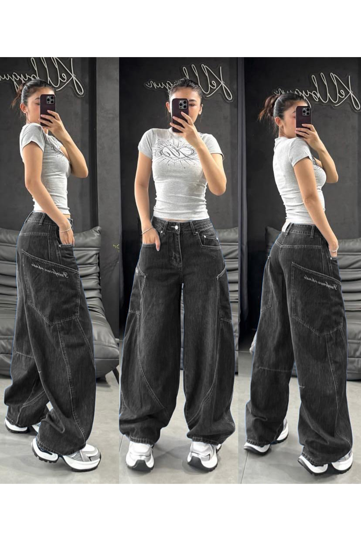 KOTOLOG  Y2k Yandan Cep Ön Yan Dikiş Detay Bol Paça Siyah Baggy Jean