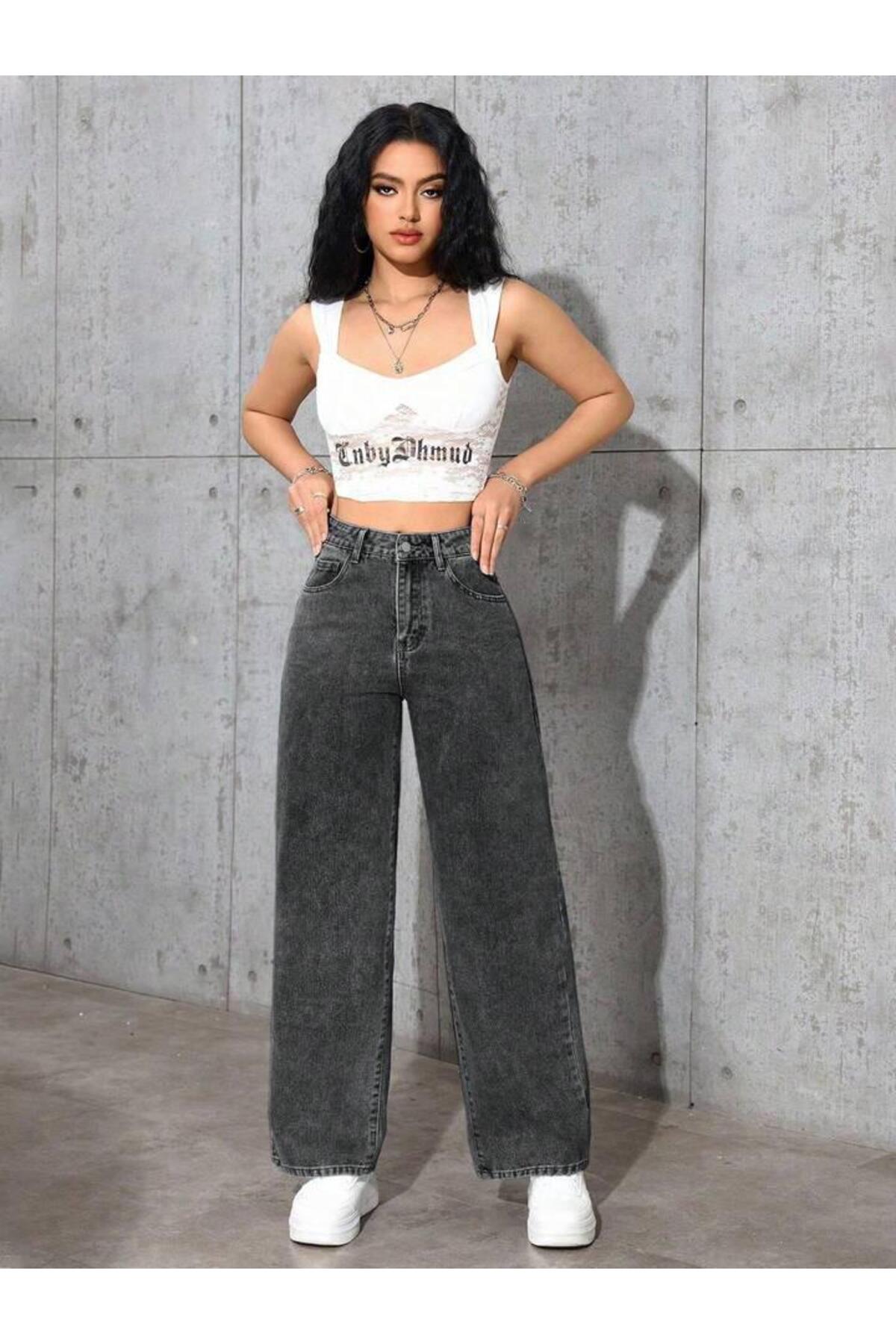 Linarose Kadın Palazzo Esnek Bol Paça Kot Pantolon Jean görsel 5