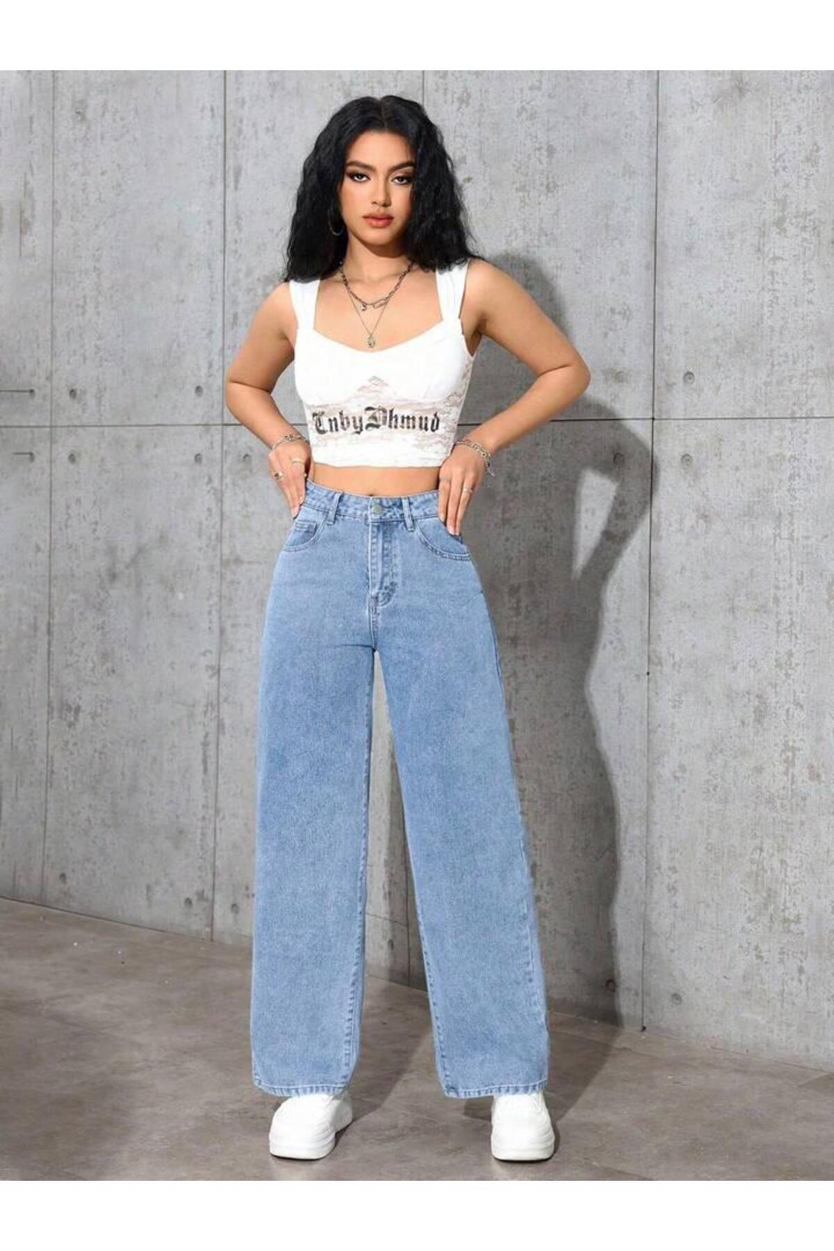 Linarose Kadın Palazzo Esnek Bol Paça Kot Pantolon Jean görsel 5