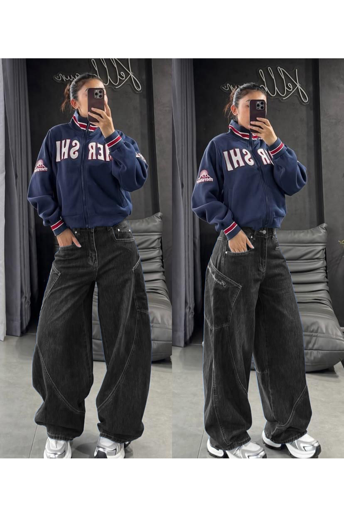 KOTOLOG  Y2k Yandan Cep Ön Yan Dikiş Detay Bol Paça Siyah Baggy Jean - Görsel 2