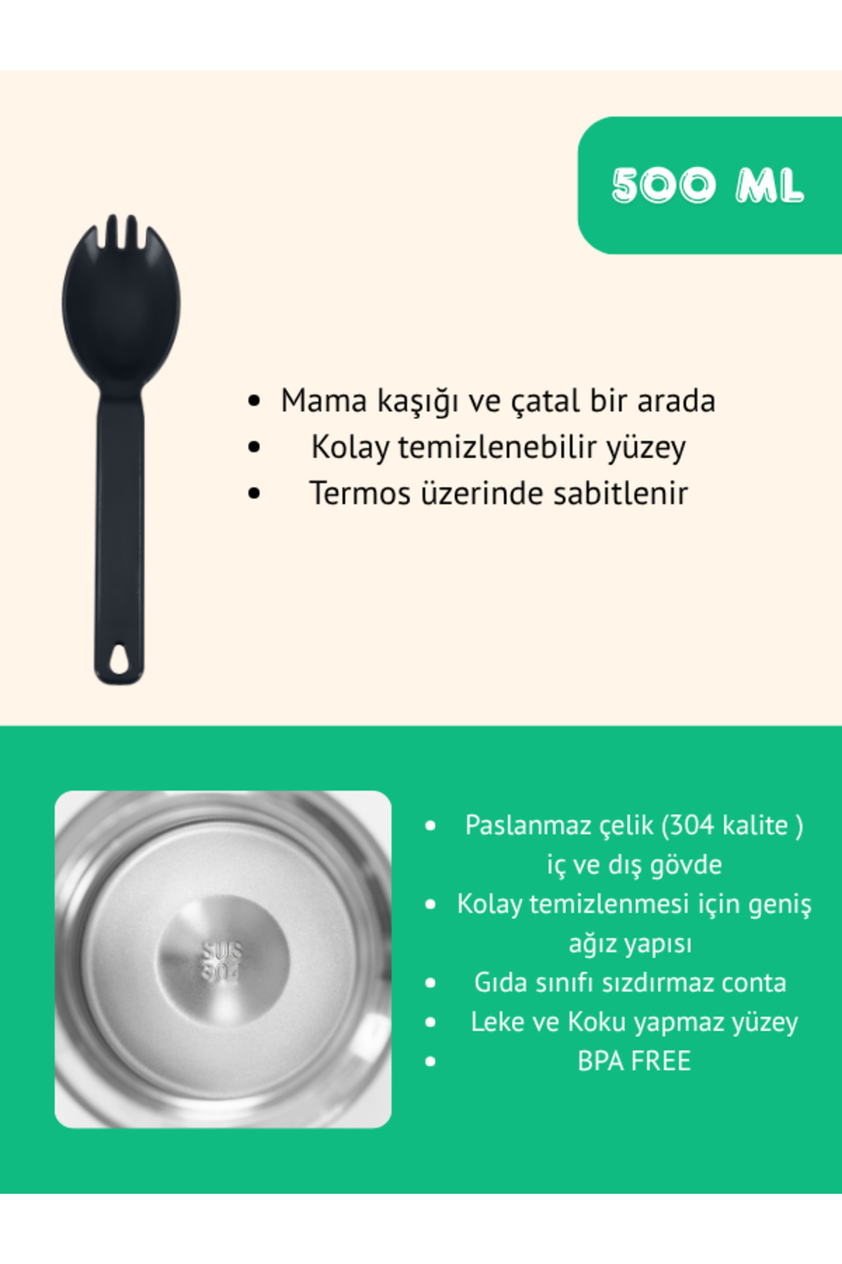 ATA HOME Yemek & Mama Termosu 500 ml - 8 Saat Sıcak, 12 Saat Soğuk 48 Saat Buz Tutma fotoğrafı 3 (önizleme)