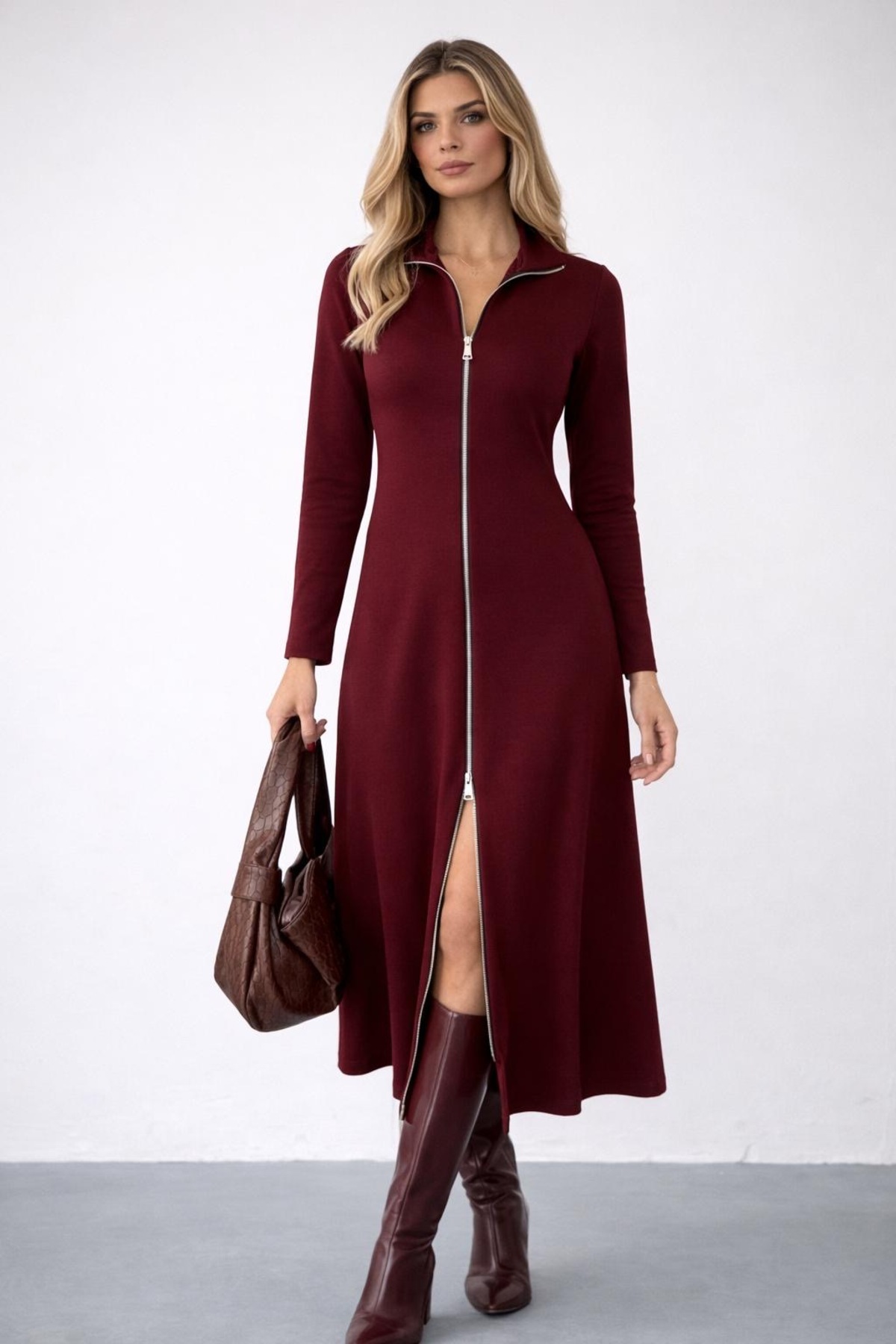 Ded COLLECTION Γυναικείο μακρυμάνικο φόρεμα με λαιμόκοψη με διπλό φερμουάρ με...