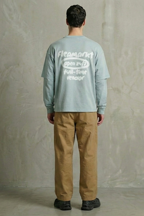 FLEAMARKT Spray Çift Kollu Oversize Açık Mavi T-shirt