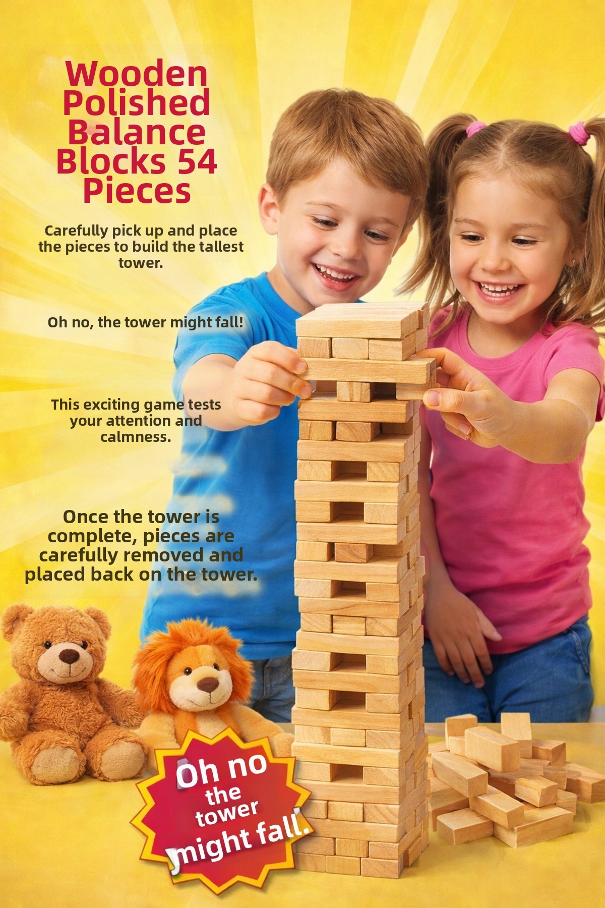 مکعب‌های چوبی صیقلی تعادل ۵۴ تکه – بازی آموزشی و سرگرم‌کننده کودکان