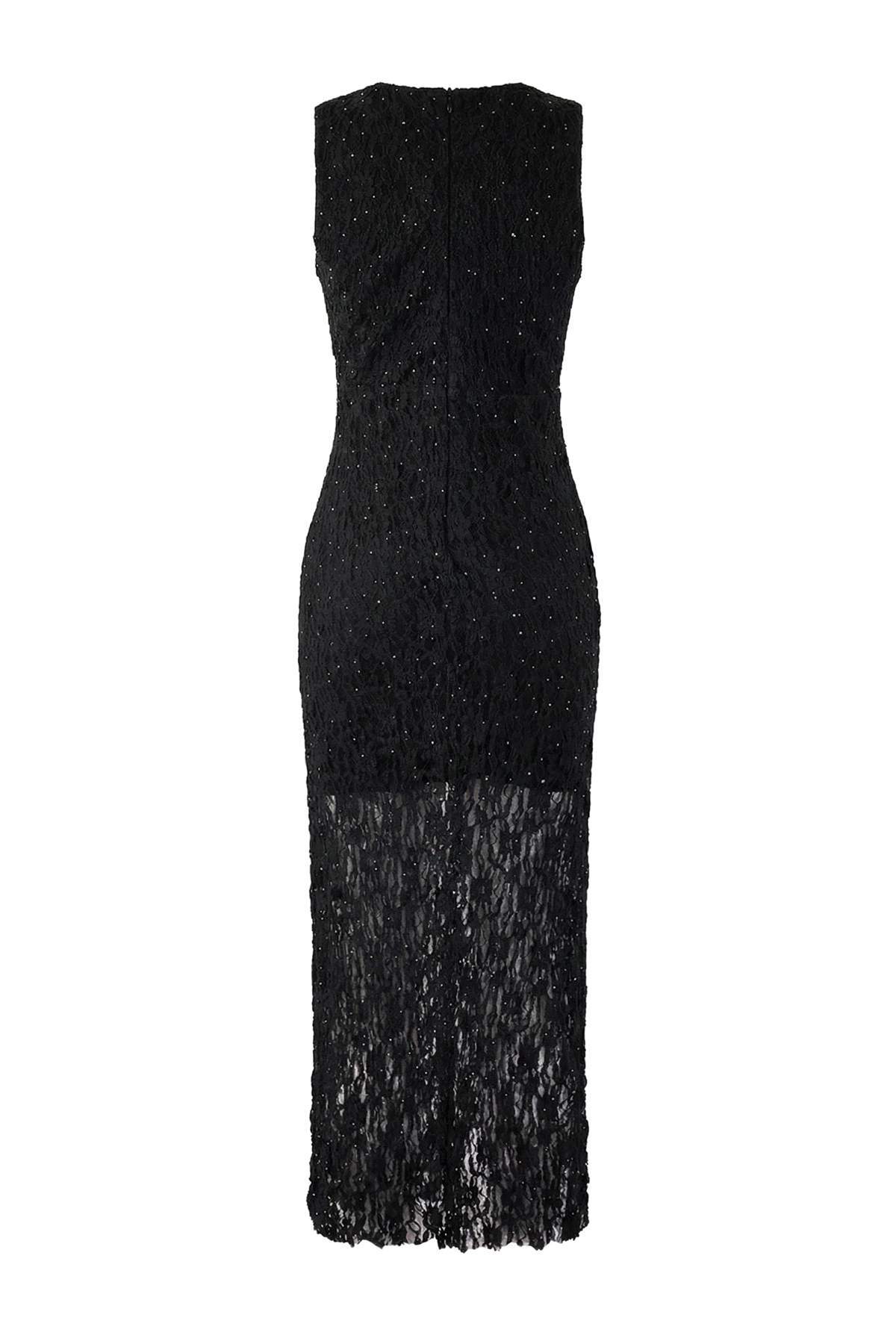 Trendyolmilla  Siyah Taş Baskılı Tül Maxi Astarlı Party Elbise TPRAW26EL00133 - Görsel 6