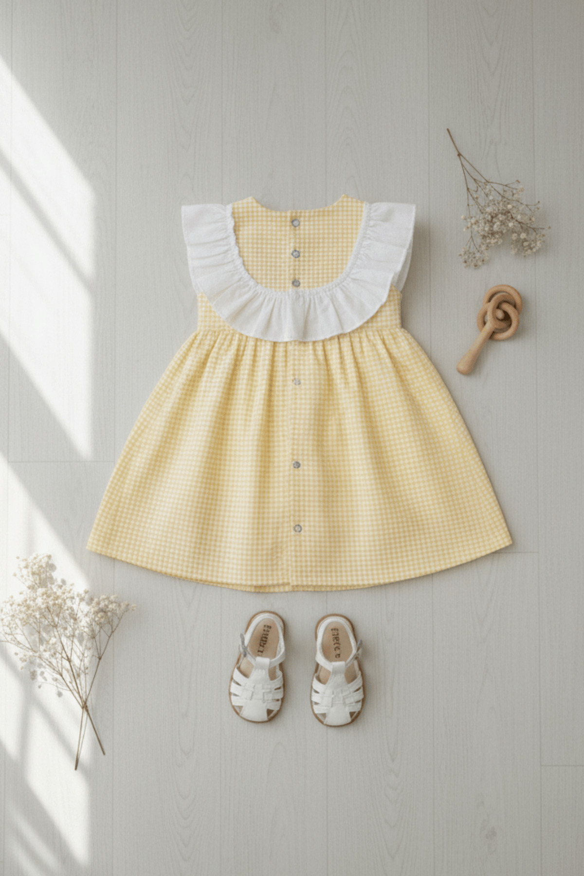 Bertuğ Bebek Fırfır ve Kurdele Süslemeli Pötikare Sarı Kız Çocuk Bebek Elbise fotoğrafı 3 (önizleme)