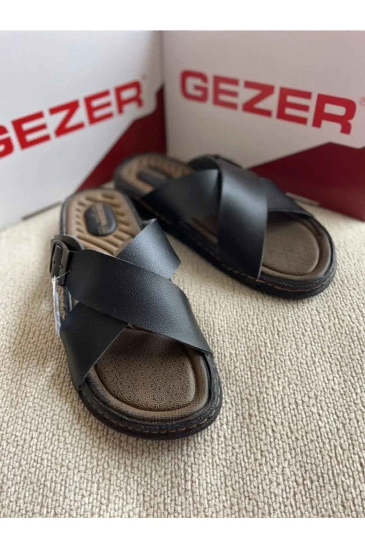 GEZER Erkek Ortopedik Rahat Taban Çapraz Ayarlanabilir Siyah Erkek Terliği görsel 3