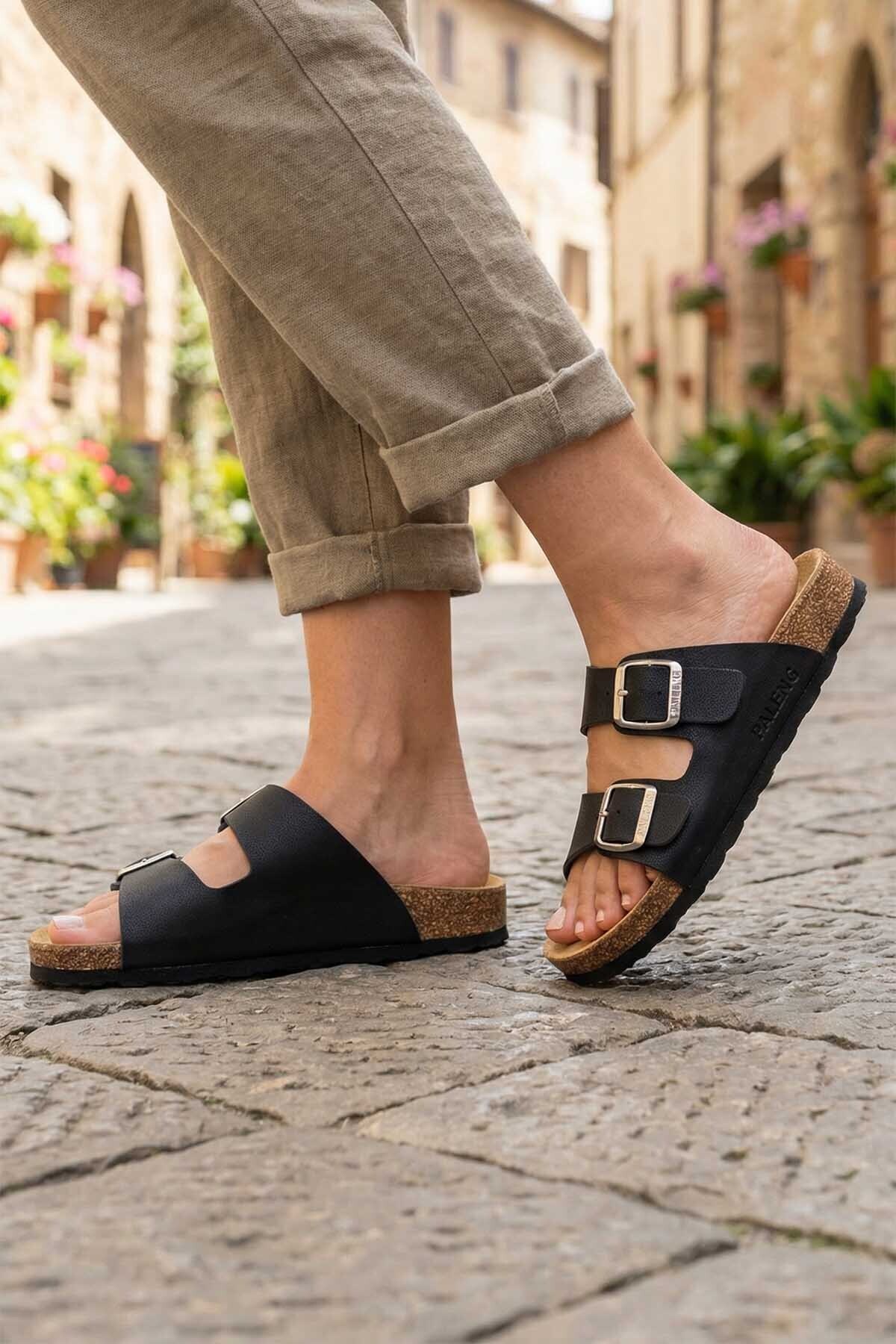 Traveling Paleng Women's Summer Insole Genuine Leather Double Buckle Adjustable Mushroom Sole Casual Slippers