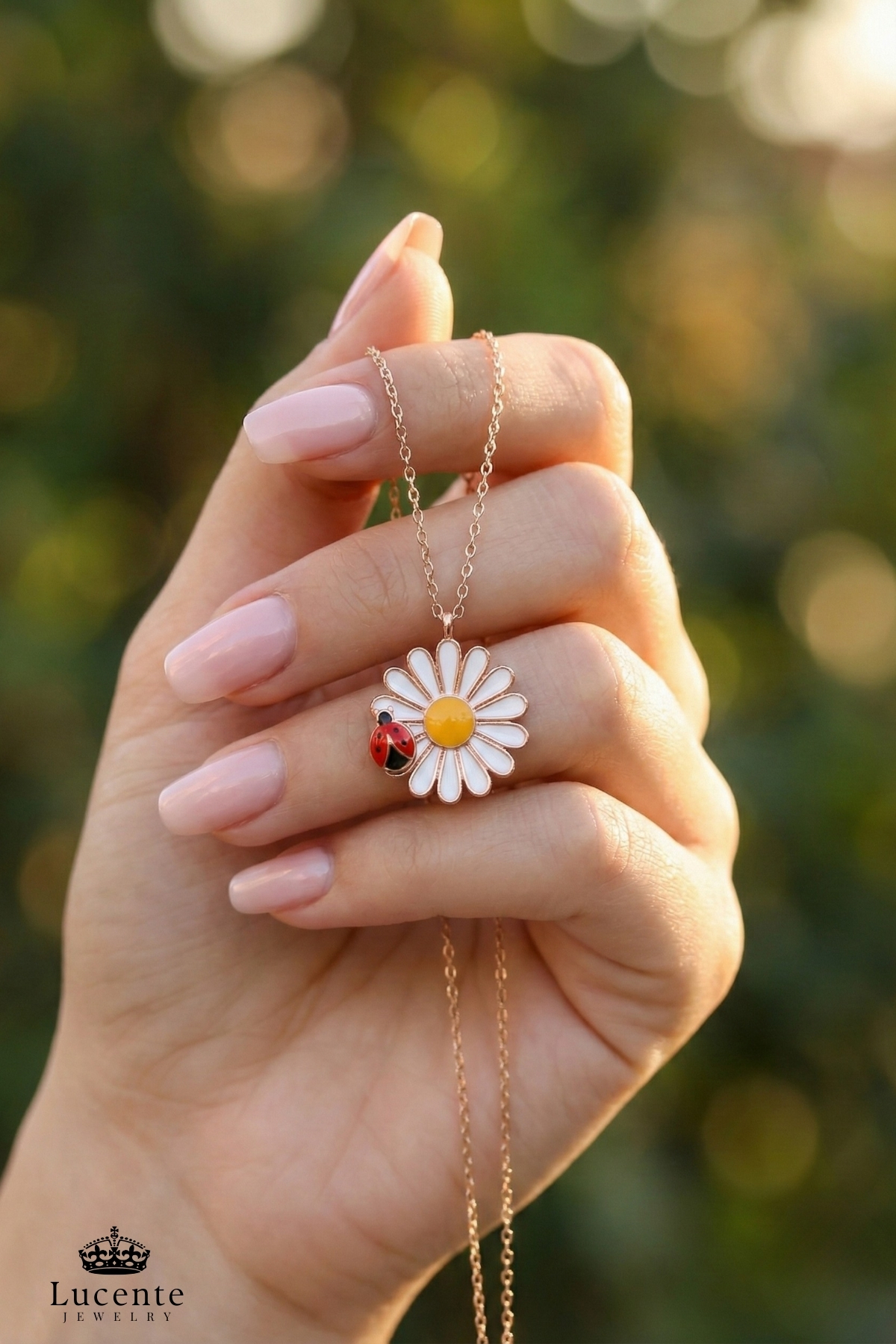 Lucente Jewellery Işıklı Hediye Kutulu 925 Ayar Luxury Serisi Uğur Böcekli Papatya Modeli Rose Gold Gümüş Özel Gün Hediyesi 45 Cm Zincirli Bolluk Bereket Aşk Şans Simgesi Küpe Hediyeli Uğur Böceği Papatya Zarif Kolye görsel 8