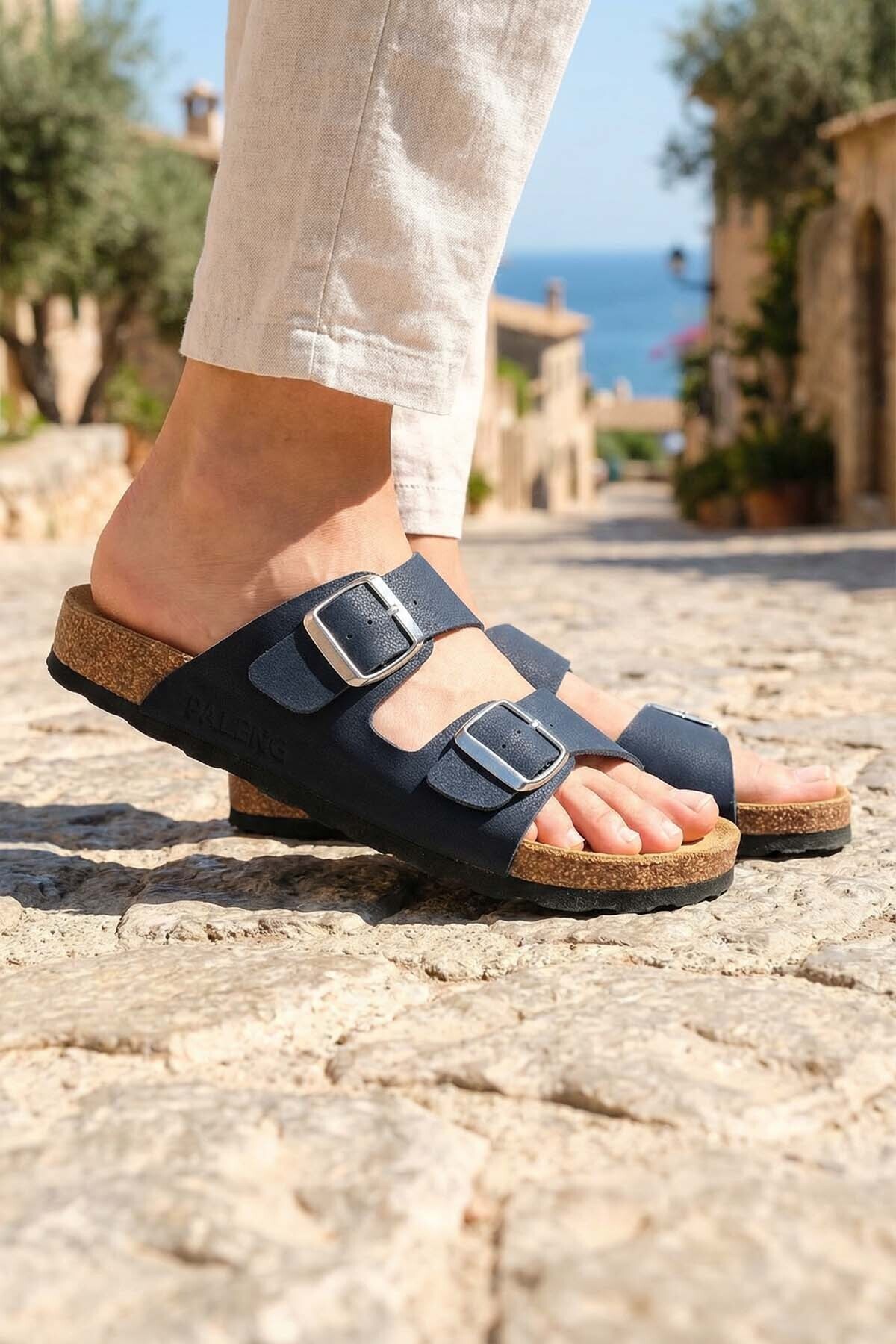 Traveling Paleng Women's Summer Insole Genuine Leather Double Buckle Adjustable Mushroom Sole Casual Slippers