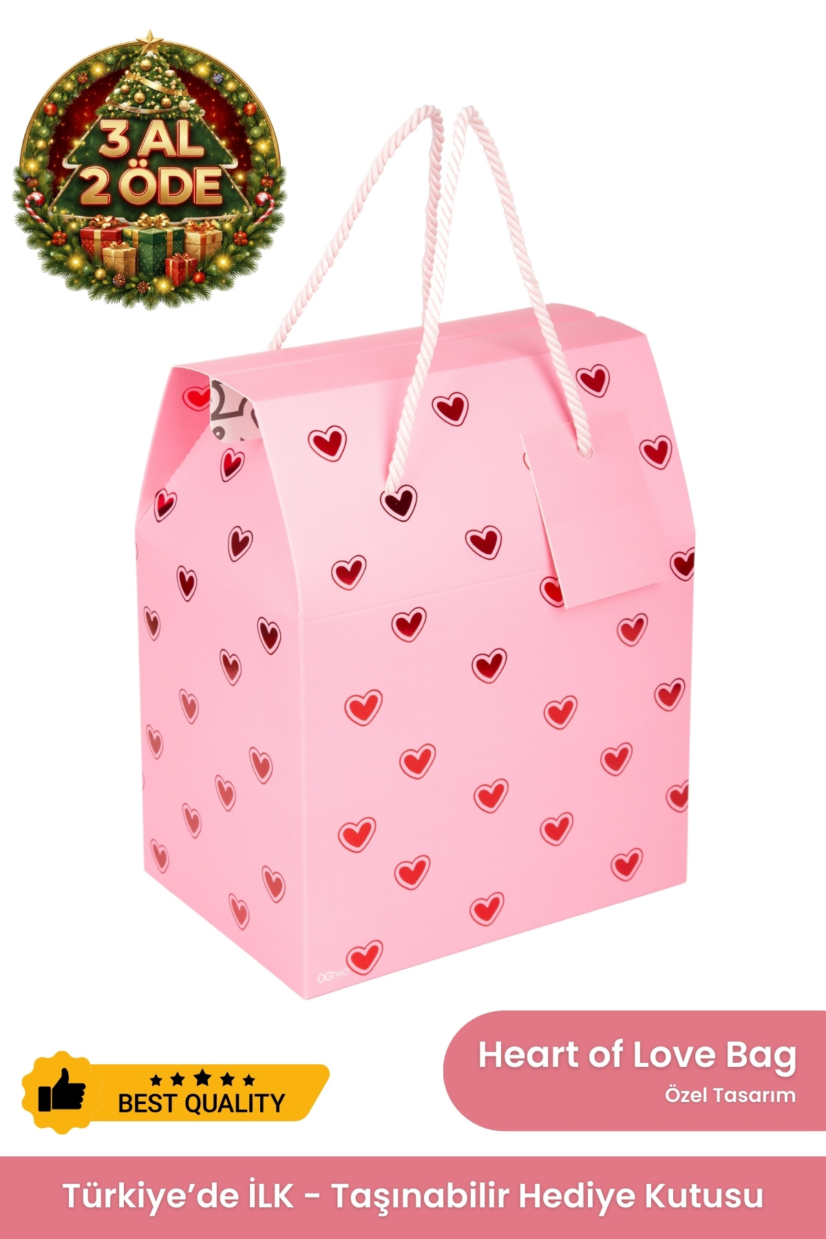 OGTWO Premium Konsept Tasarım Hediye Kutusu Yılbaşı Hediye Paketi Hediyelik Pembe Kalpli - 24x14x20cm