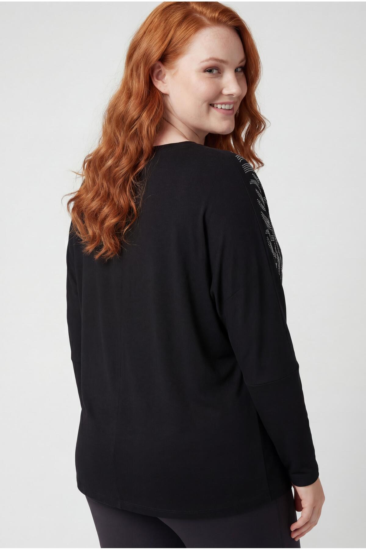 Ebsumu  Kadın Büyük Beden Yarasa Kol Taş Desenli Siyah Bluz - Görsel 7