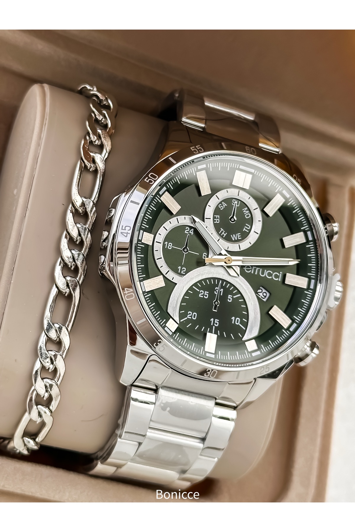 Steel Band Silver Green Color Men Wrist Watch+bracelet