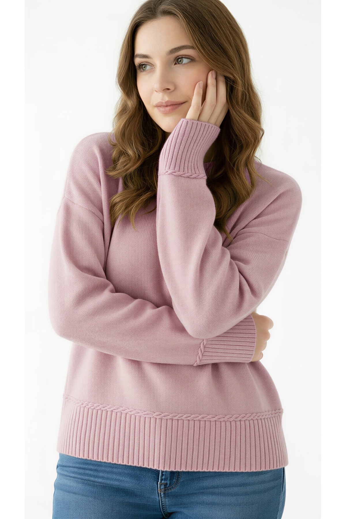 Women's Knitwear Soft Oversized Crew Neck Rib Hair Weave Detailed Homy Sweater