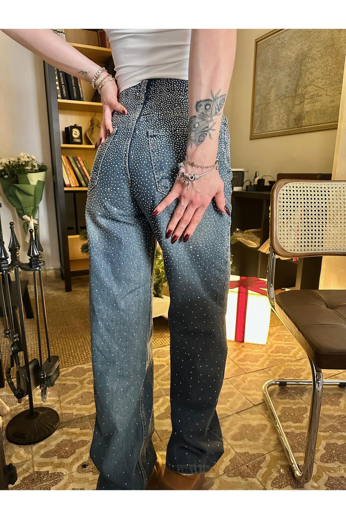 Gofeel  Diamond Taşlı Wide Leg Jean Pantolon - Görsel 4