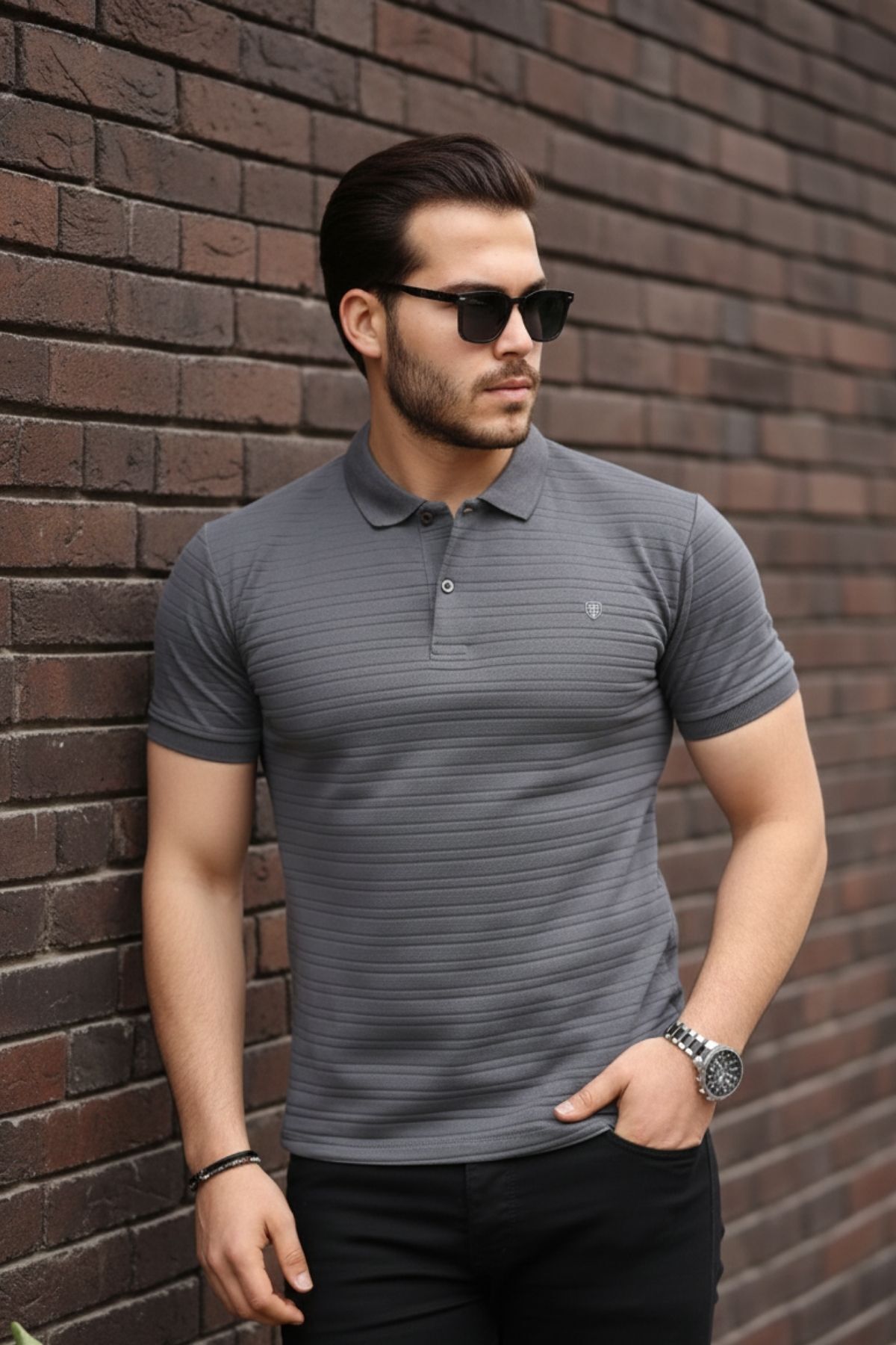 COMBİNE MİCHAİL  Erkek %100 Pamuklu Kumaş Slim Fit Kesim Füme Polo Yaka T-shirt - Görsel 5