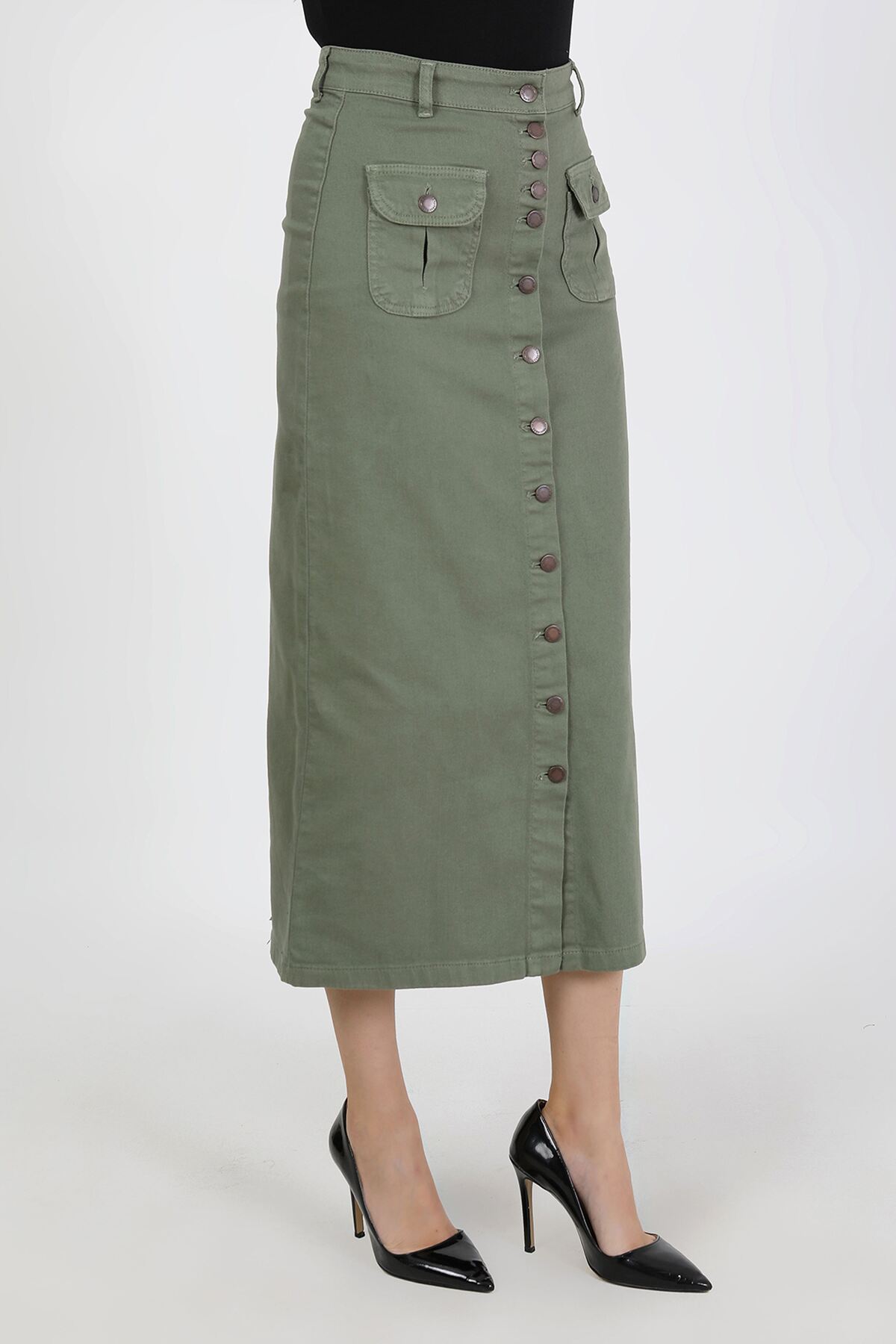 VELLICHOR  Boydan Düğmeli Körük Cepli Tesettür Etek Haki - Görsel 5