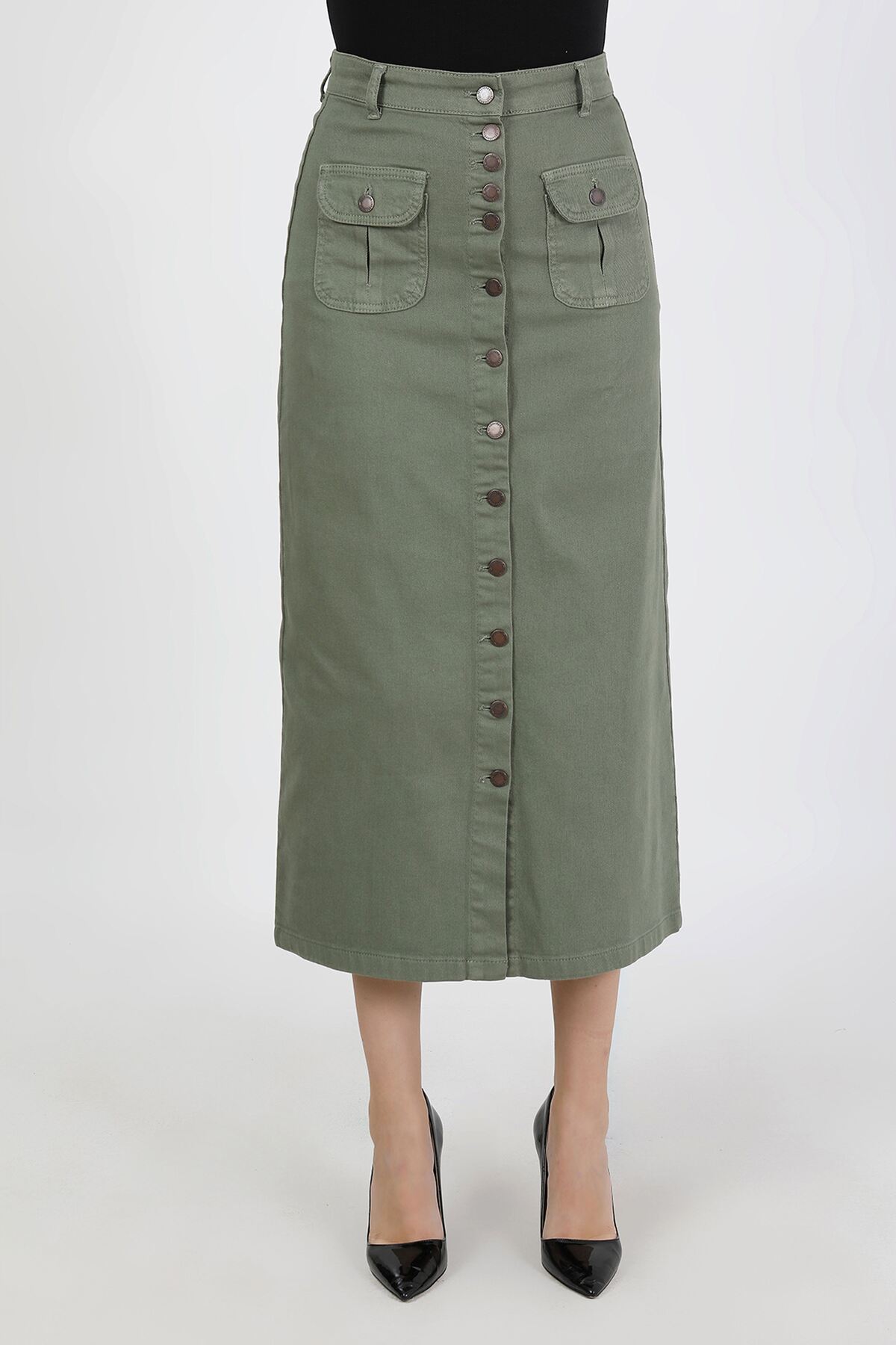 VELLICHOR  Boydan Düğmeli Körük Cepli Tesettür Etek Haki - Görsel 3