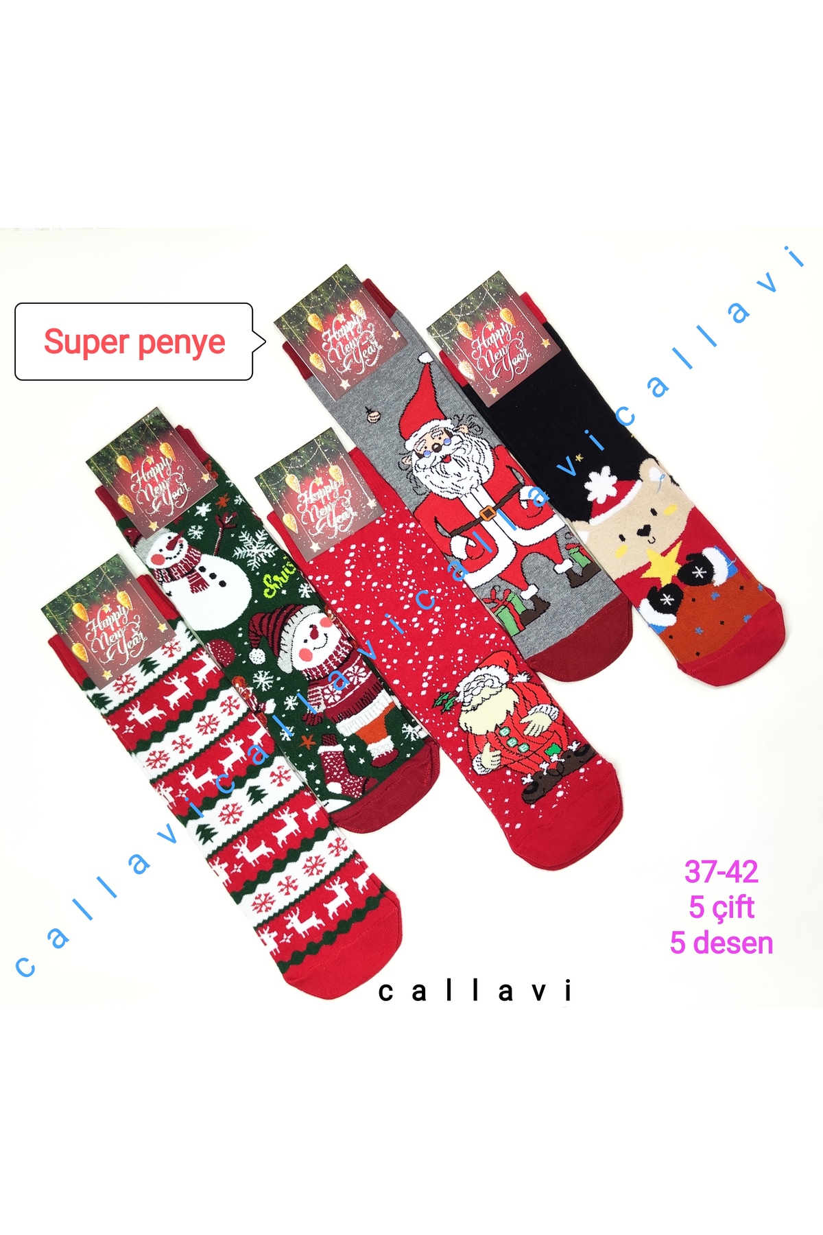 CALLAVI Yılbaşı Çorabı Pamuk/Penye Soket Çorap Unisex 5 Çift görsel 5
