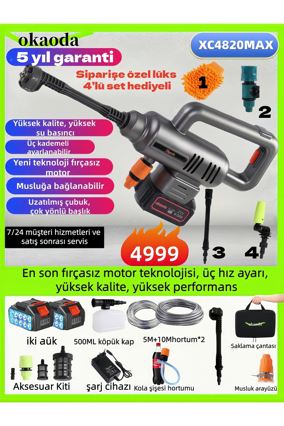 okaoda En güçlü çift lityum pil 4820 Kömürsüz motor patentli teknoloji araba yıkama ev temizlik makinesi