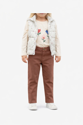 Babexi 3'lü Çiçek Desenli Şişme Yelekli ve Kahverengi Pantolonlu çocuk Takımı